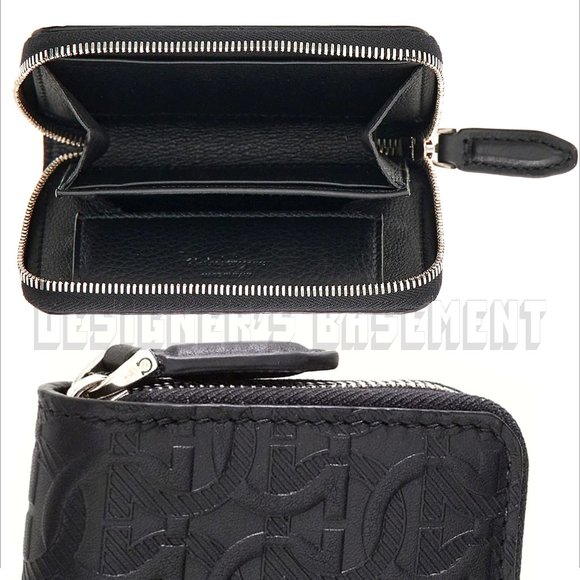 SALVATORE FERRAGAMO black Leather ID window GANCINI Embossed zip around wallet - Picture 3 of 6